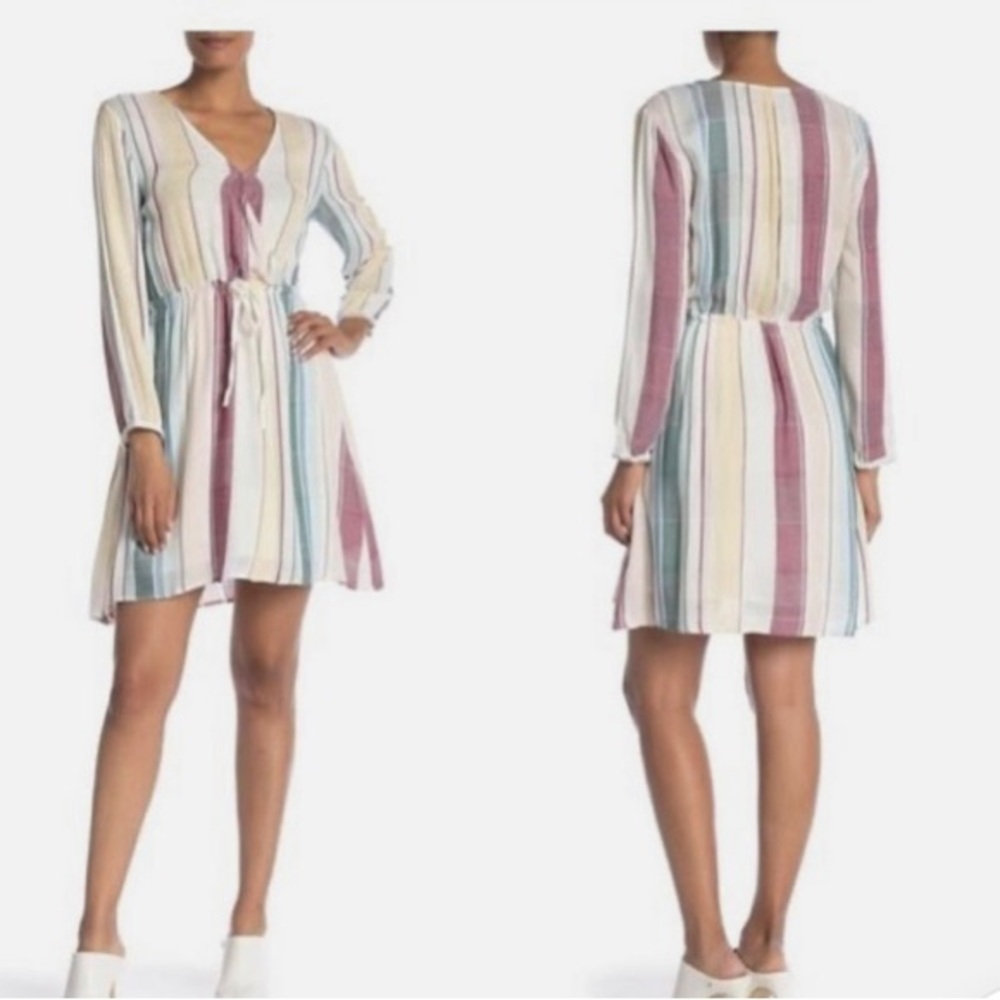 Rails Anthropologie Pink Green Striped Rayon Dress Bishop Sleeves Size S